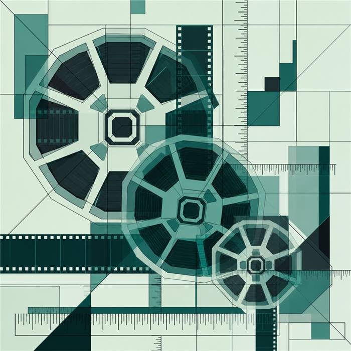Abstract reel and measurement motif in teal on mint